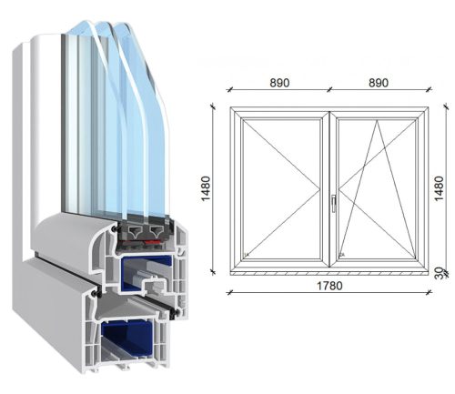 Decco 71 kétszárnyas műanyag ablak 3 rétegű üveggel 180x150